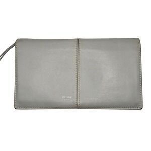 Celine Paris Grey Leather Bifold Long Wallet Made in Italy Suede Lining